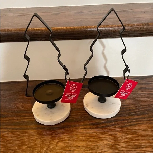 MARTHA STEWARTCHRISTMAS BLACK METAL/MARBLE TREE PILLAR CANDLE HOLDERS